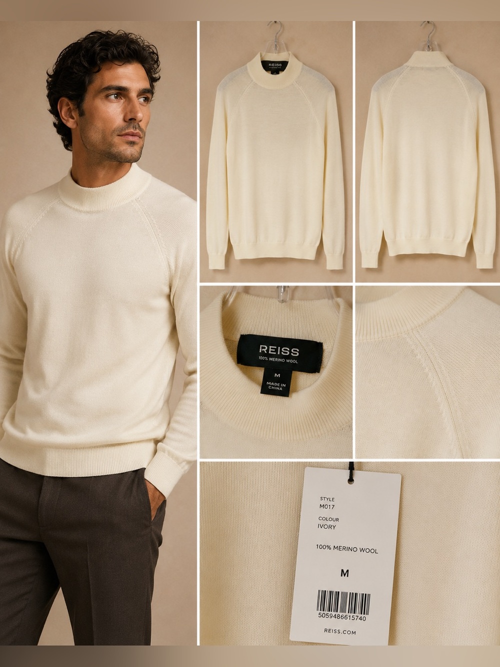 REISS-  Ivory Merino Wool Nick Neck Sweater